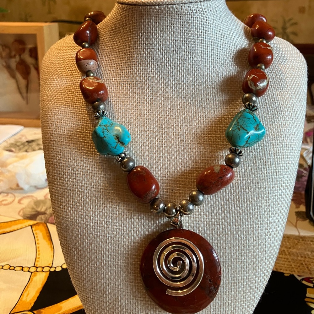 RED JASPER AND AUTHENTIC TURQUOISE SILVER ACCENTS WITH TURQ EARRINGS - Picture 11 of 13